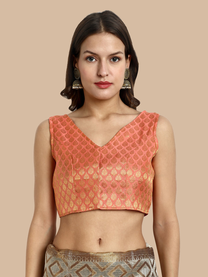 Peach V-Neck Sleeveless Brocade Blouse