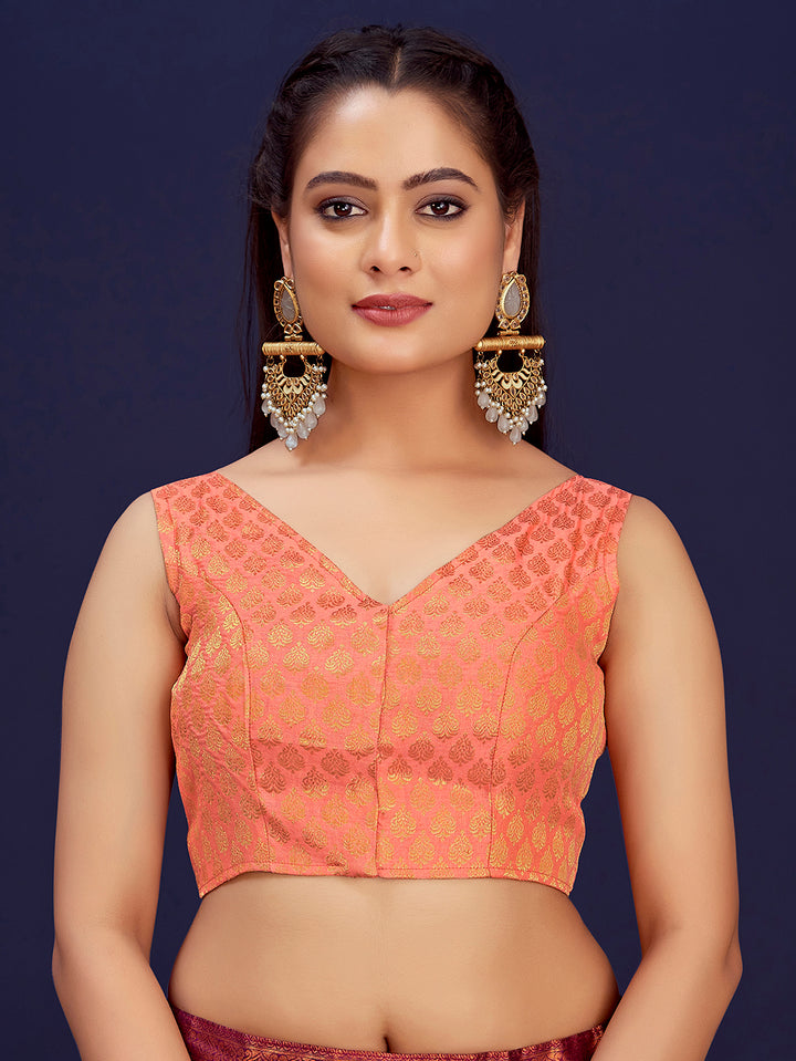 Peach V-Neck Sleeveless Brocade Blouse with Zari Work