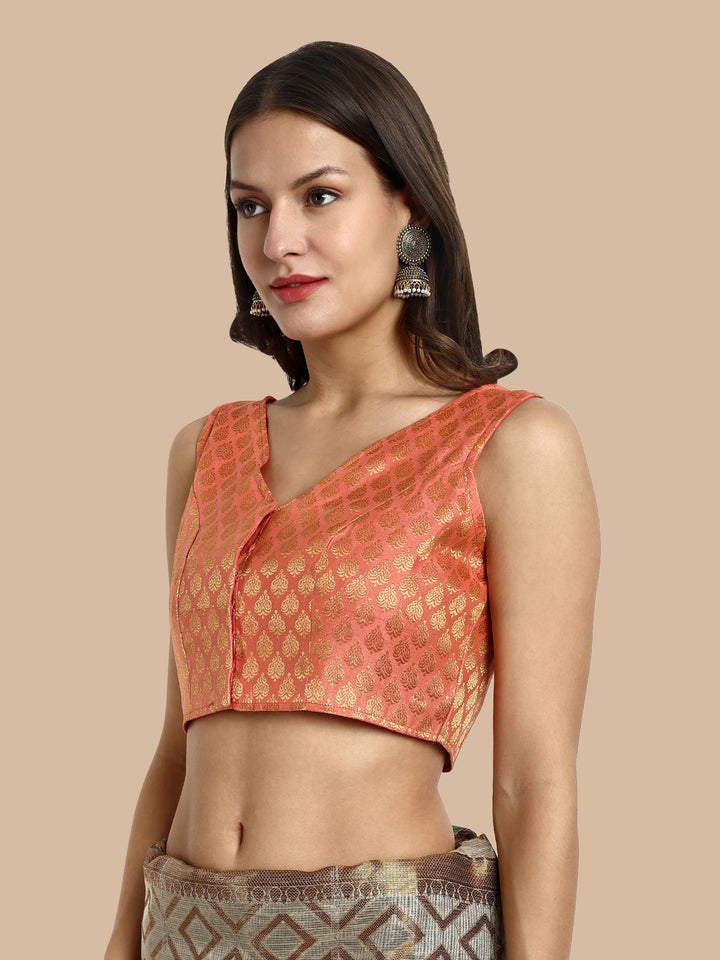 Peach V-Neck Sleeveless Brocade Blouse