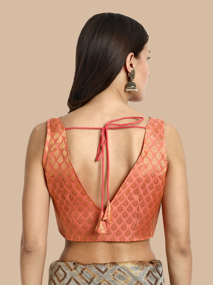 Peach V-Neck Sleeveless Brocade Blouse