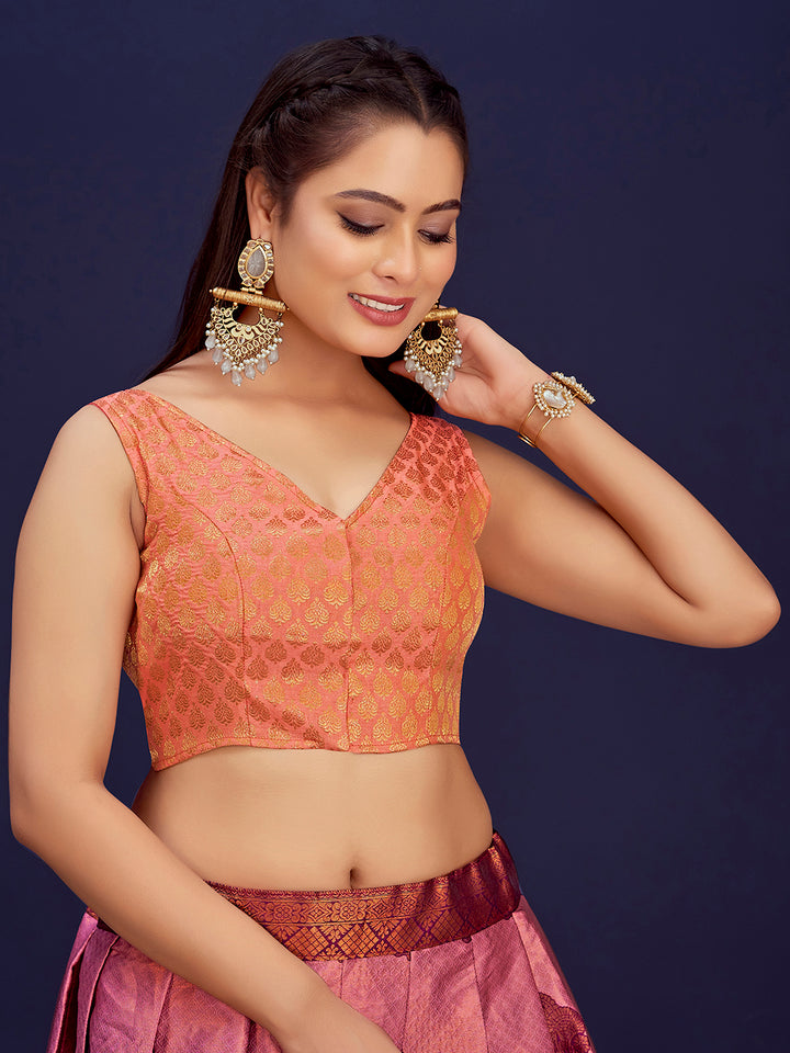 Peach V-Neck Sleeveless Brocade Blouse with Zari Work