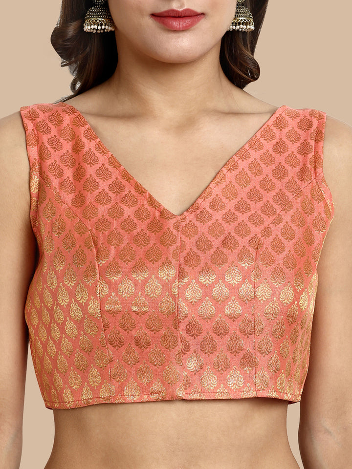 Peach V-Neck Sleeveless Brocade Blouse