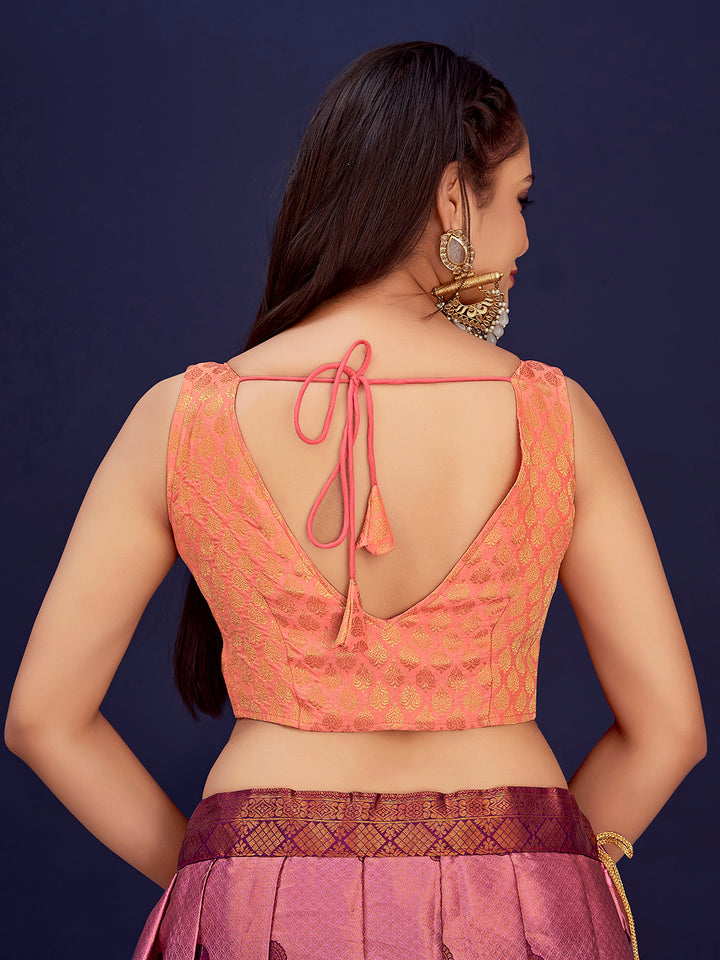 Peach V-Neck Sleeveless Brocade Blouse with Zari Work