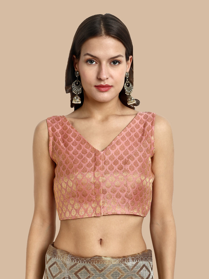 Pastel Pink V-Neck Sleeveless Brocade Blouse