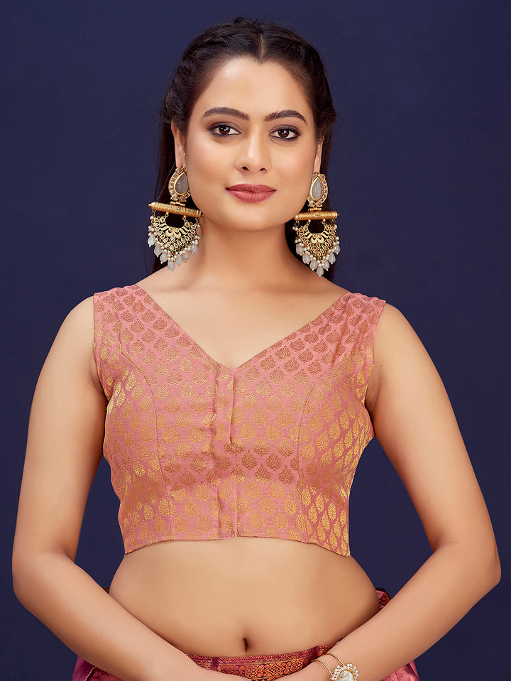 Pastel Pink V-Neck Sleeveless Brocade Blouse with Gold Zari Work