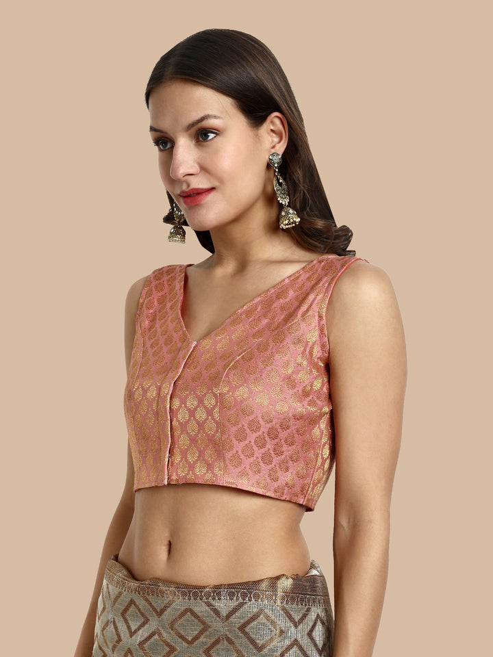 Pastel Pink V-Neck Sleeveless Brocade Blouse