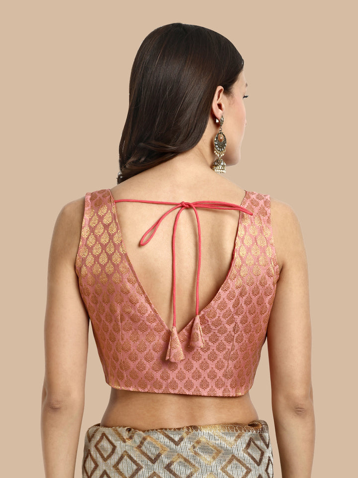 Pastel Pink V-Neck Sleeveless Brocade Blouse