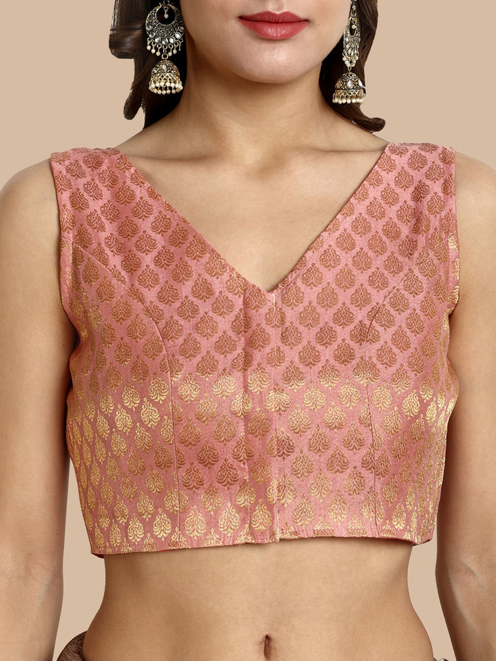 Pastel Pink V-Neck Sleeveless Brocade Blouse