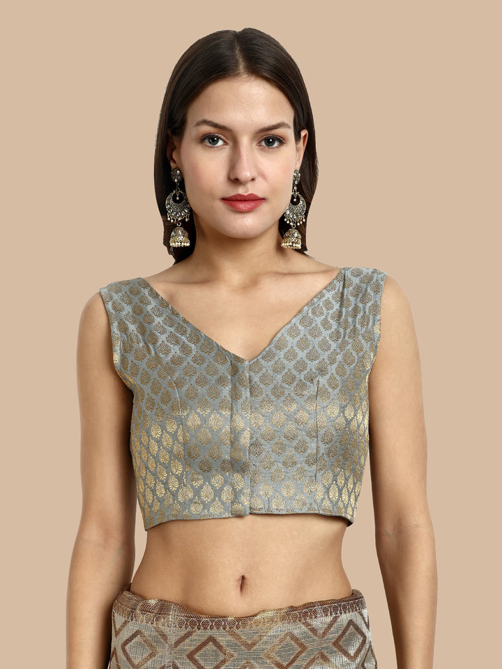 Grey V-Neck Sleeveless Brocade Blouse
