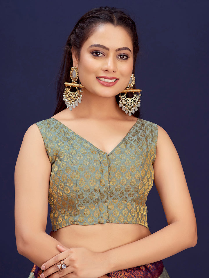Grey V-Neck Sleeveless Brocade Blouse with Gold Zari Work