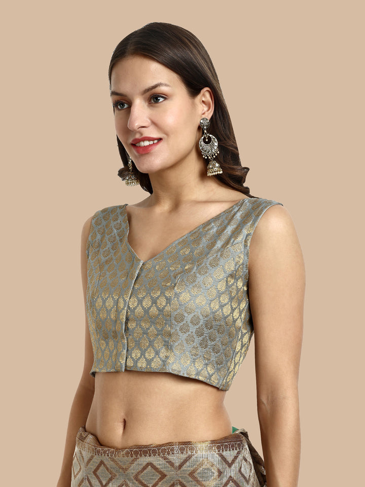 Grey V-Neck Sleeveless Brocade Blouse