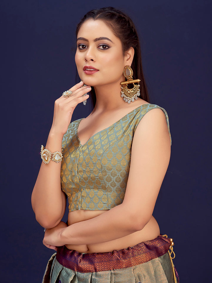 Grey V-Neck Sleeveless Brocade Blouse with Gold Zari Work
