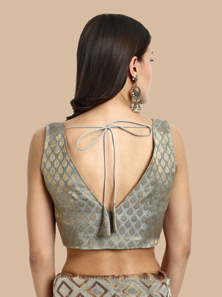 Grey V-Neck Sleeveless Brocade Blouse