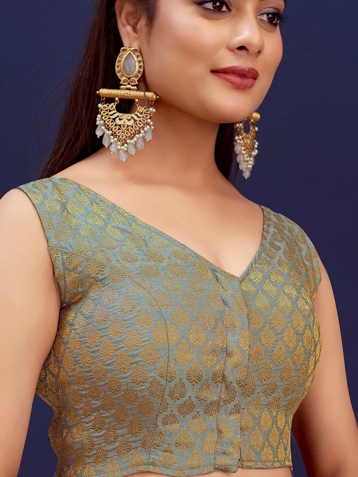 Grey V-Neck Sleeveless Brocade Blouse with Gold Zari Work