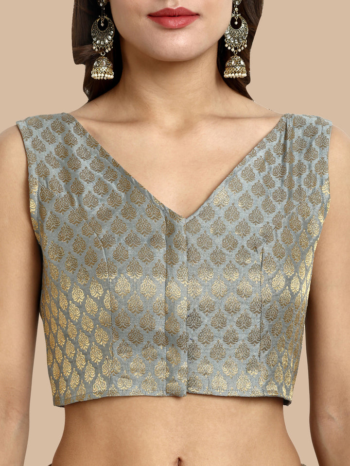 Grey V-Neck Sleeveless Brocade Blouse