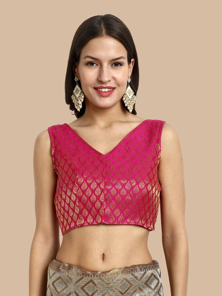 Deep Pink V-Neck Sleeveless Brocade Blouse