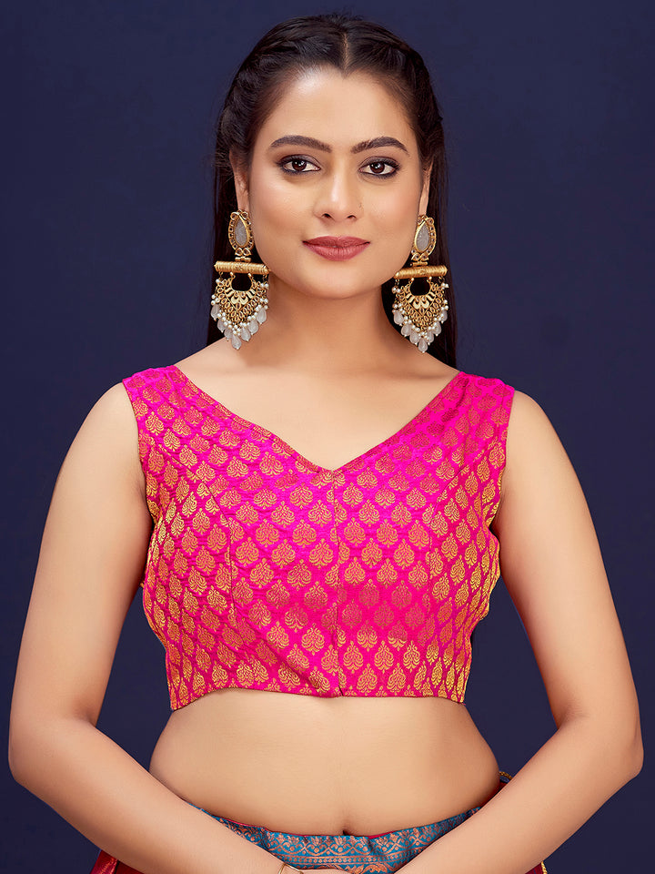 Deep Pink V-Neck Sleeveless Brocade Blouse with Zari Work