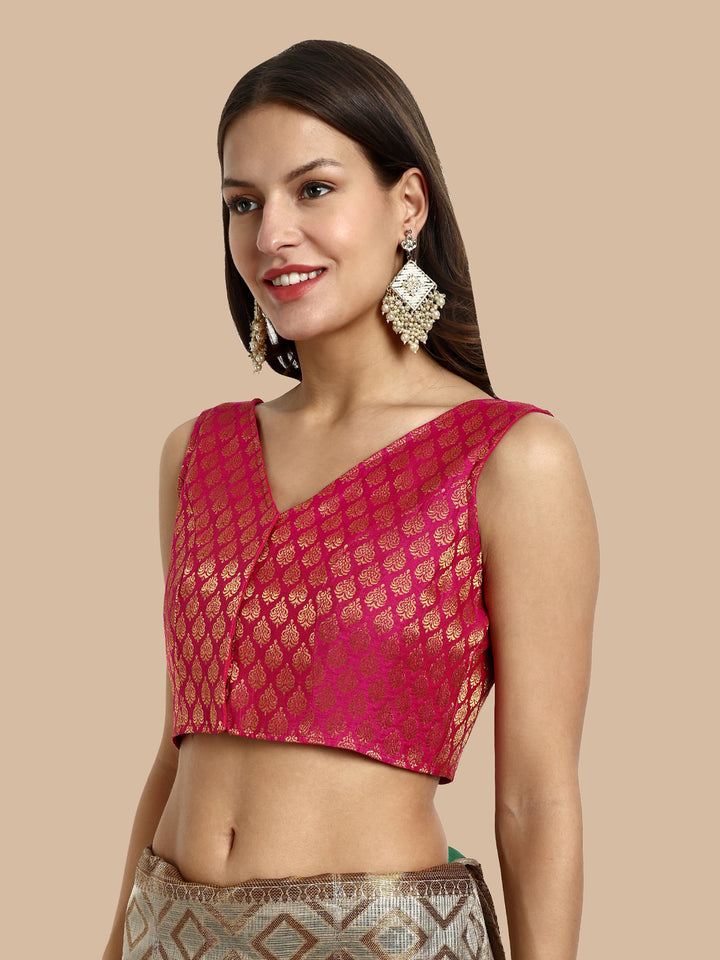 Deep Pink V-Neck Sleeveless Brocade Blouse