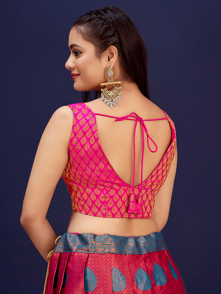 Deep Pink V-Neck Sleeveless Brocade Blouse with Zari Work