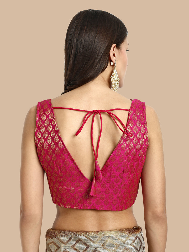 Deep Pink V-Neck Sleeveless Brocade Blouse