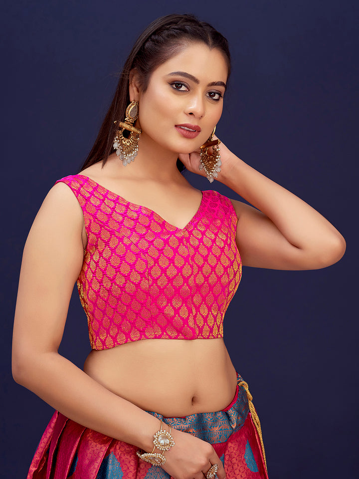 Deep Pink V-Neck Sleeveless Brocade Blouse with Zari Work