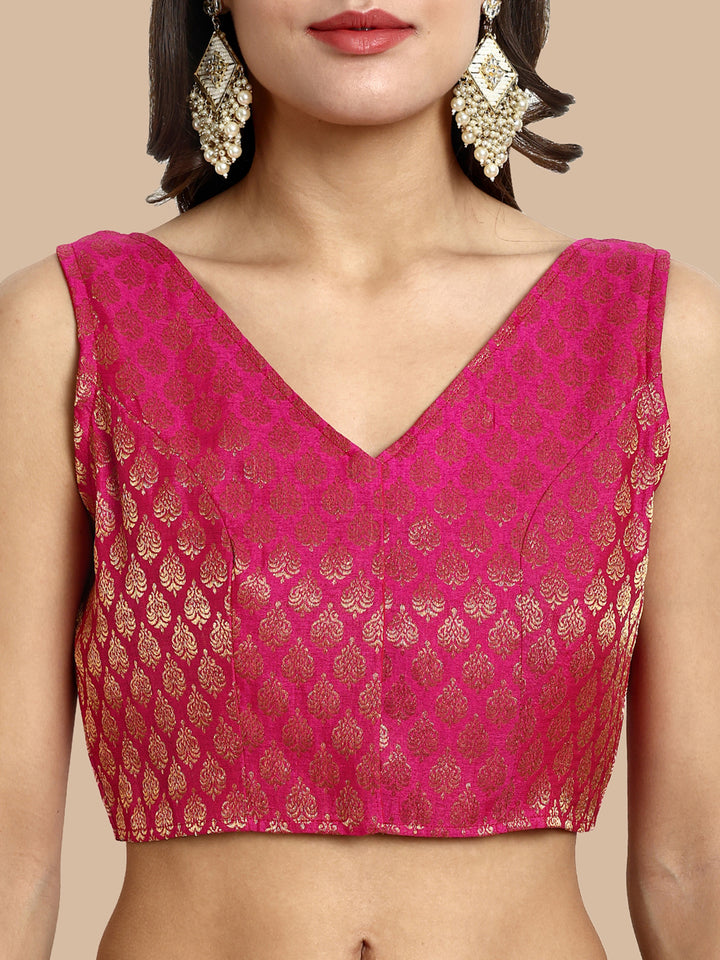 Deep Pink V-Neck Sleeveless Brocade Blouse