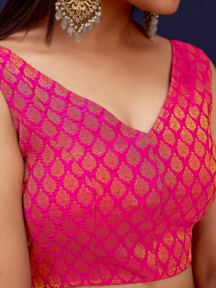 Deep Pink V-Neck Sleeveless Brocade Blouse with Zari Work