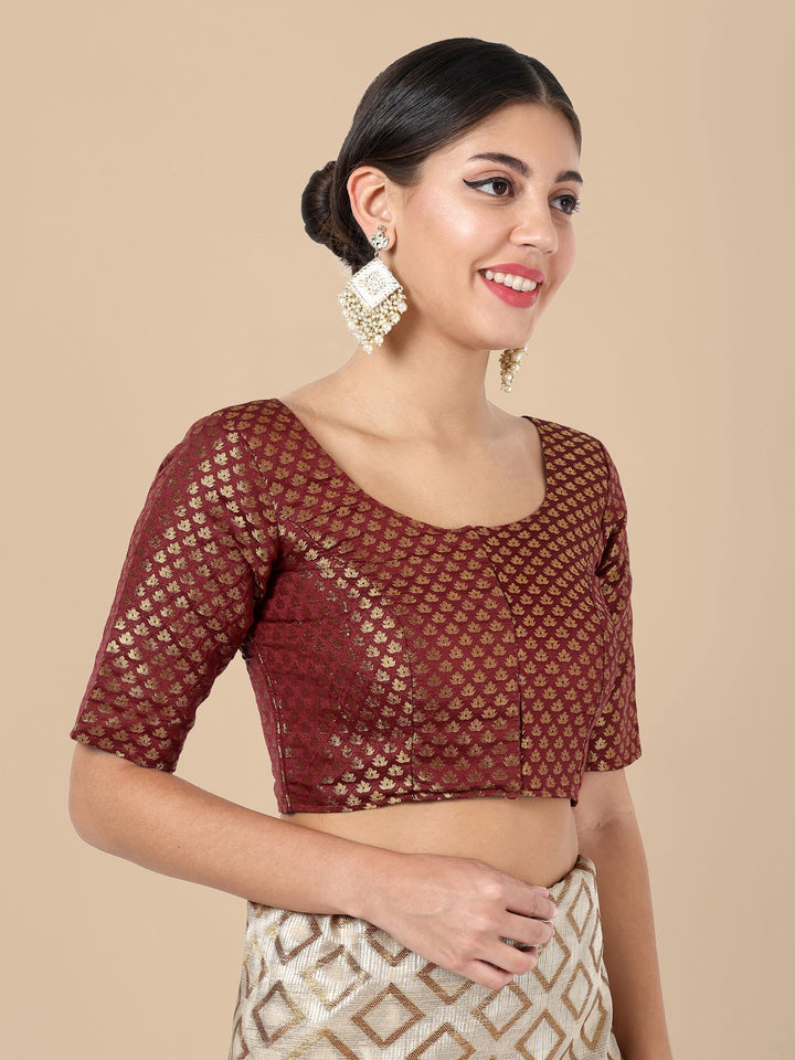Maroon Round Neck Brocade Blouse