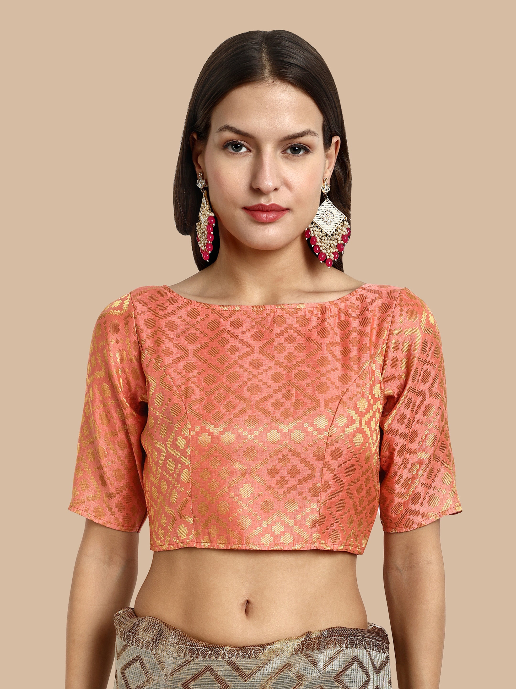 Maroon and Peach Printed Designer blouse with Boat Neckline and Elbow Sleeves