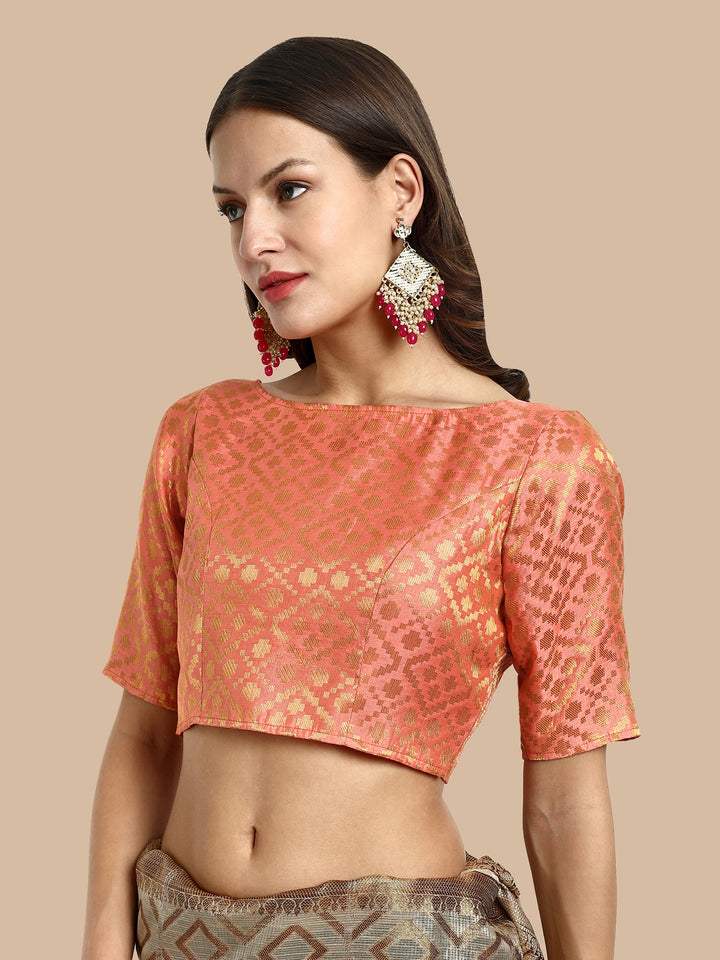 Peach Boat Neck Brocade Blouse