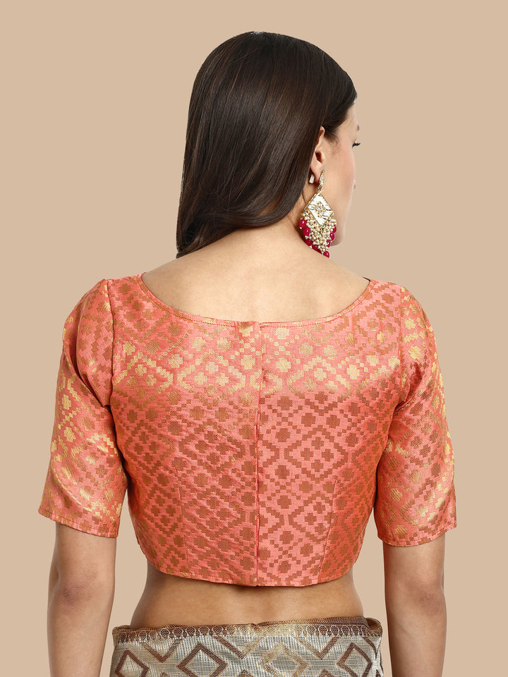 Peach Boat Neck Brocade Blouse