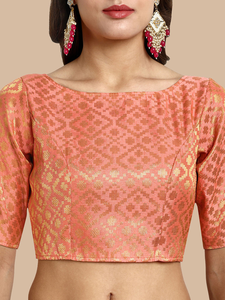 Peach Boat Neck Brocade Blouse