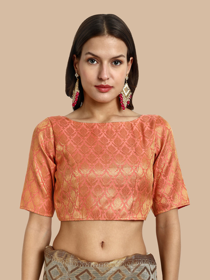Peach Boat Neck Brocade Blouse