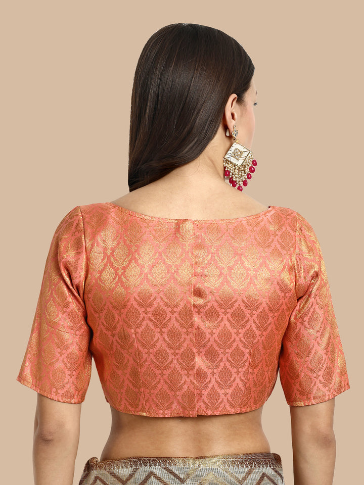 Peach Boat Neck Brocade Blouse