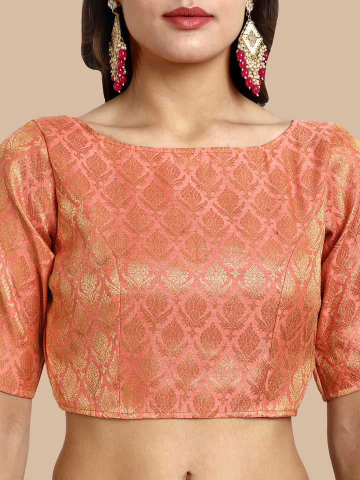 Peach Boat Neck Brocade Blouse