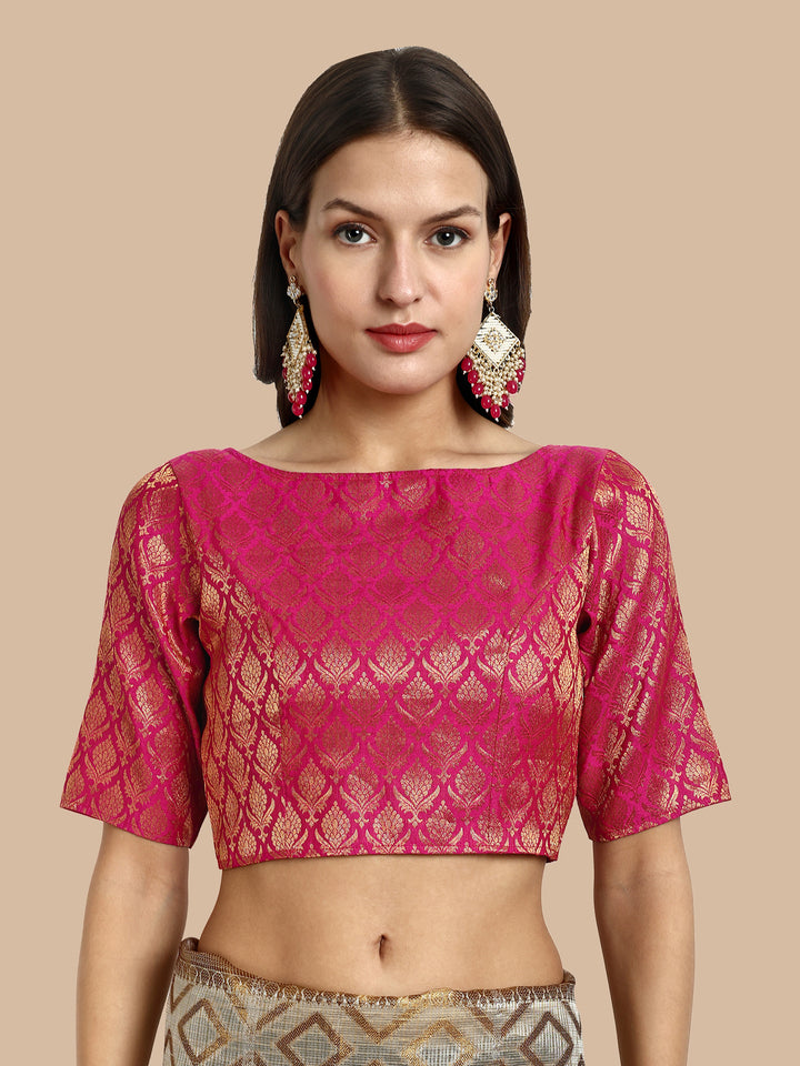 Pink Boat Neck Brocade Blouse