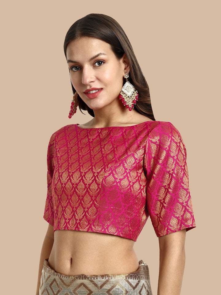 Pink Boat Neck Brocade Blouse