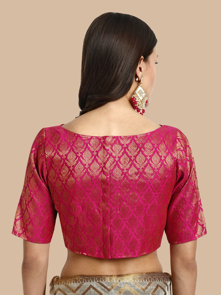Pink Boat Neck Brocade Blouse