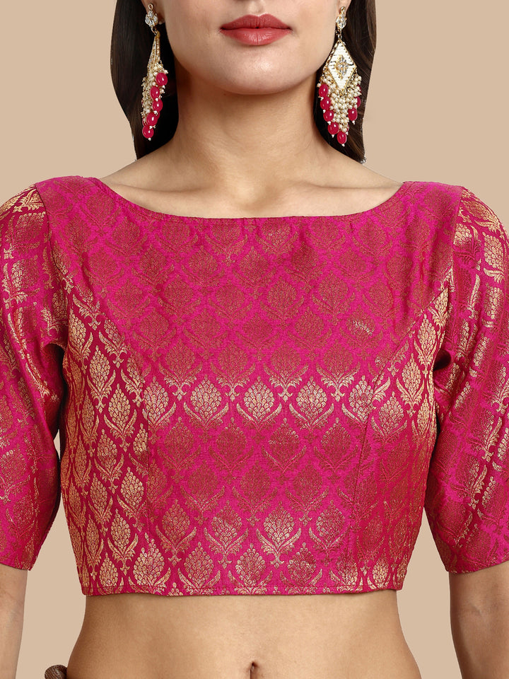 Pink Boat Neck Brocade Blouse