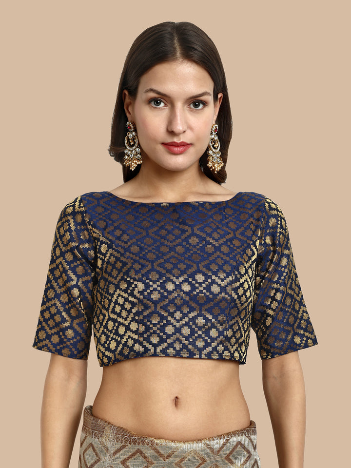 Navy Blue Boat Neck Brocade Blouse