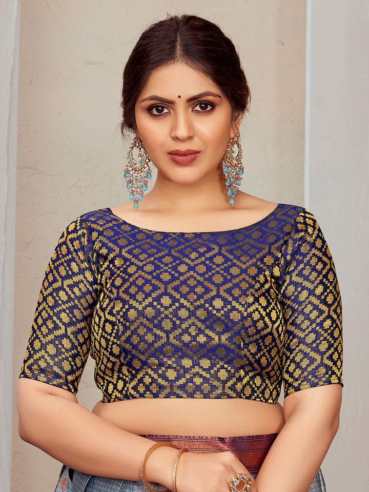 Navy Blue Boat Neck Brocade Blouse with Gold Zari