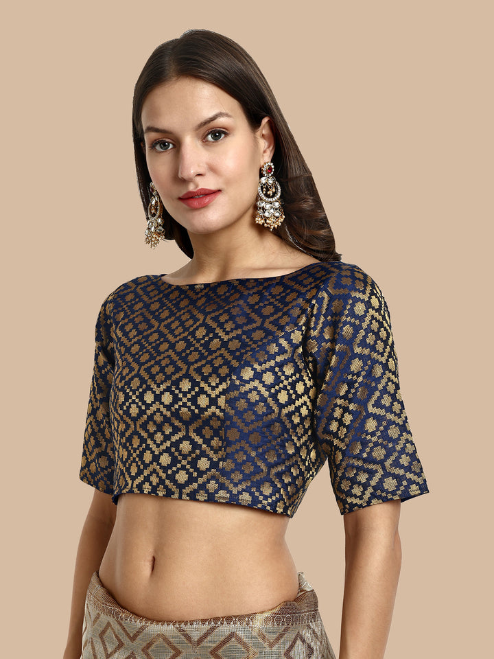 Navy Blue Boat Neck Brocade Blouse