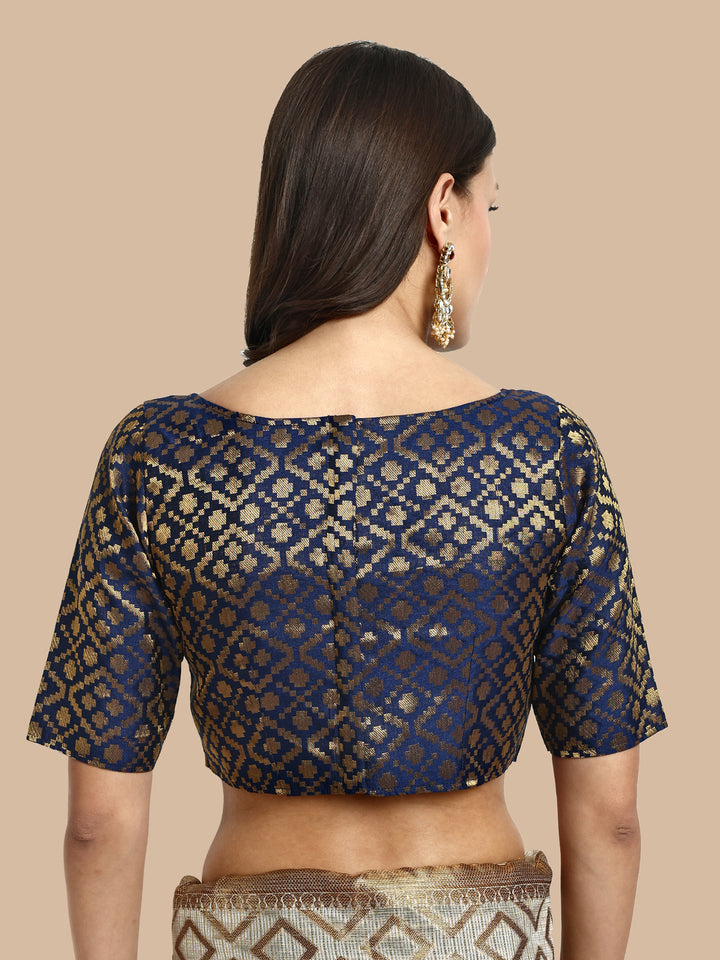 Navy Blue Boat Neck Brocade Blouse
