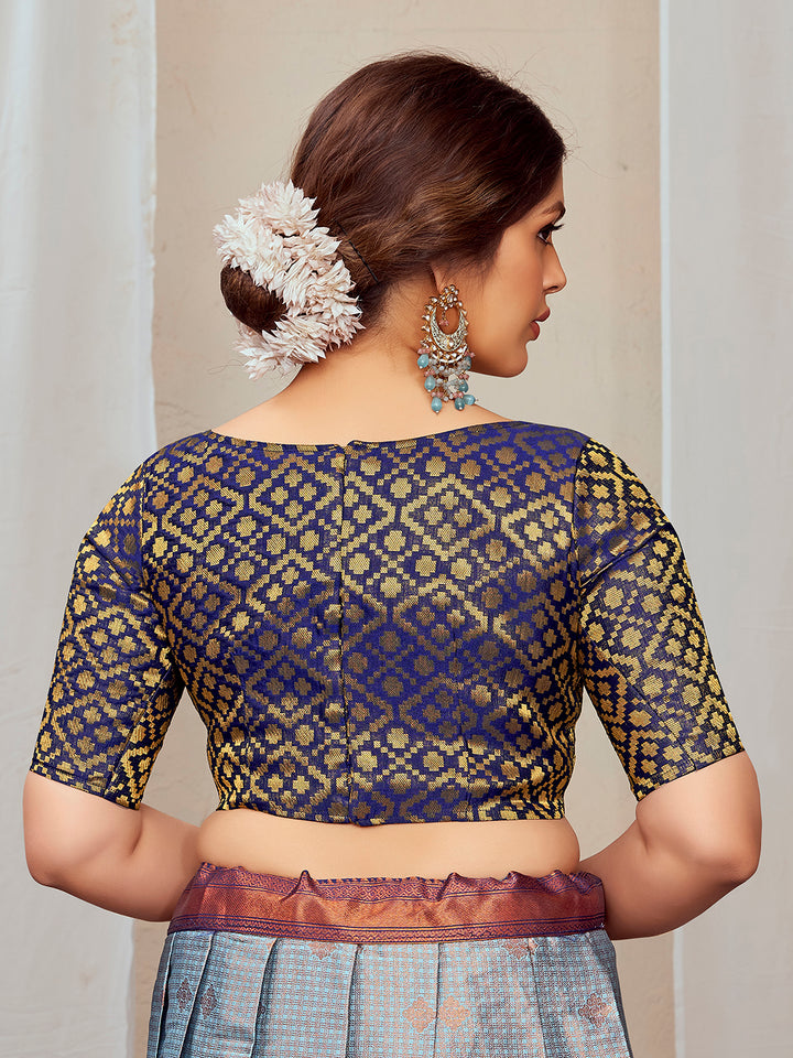 Navy Blue Boat Neck Brocade Blouse with Gold Zari