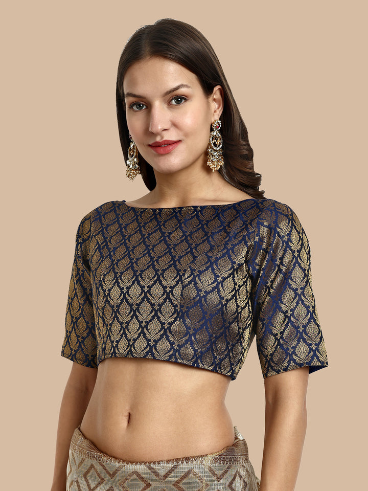 Navy Blue Boat Neck Brocade Blouse