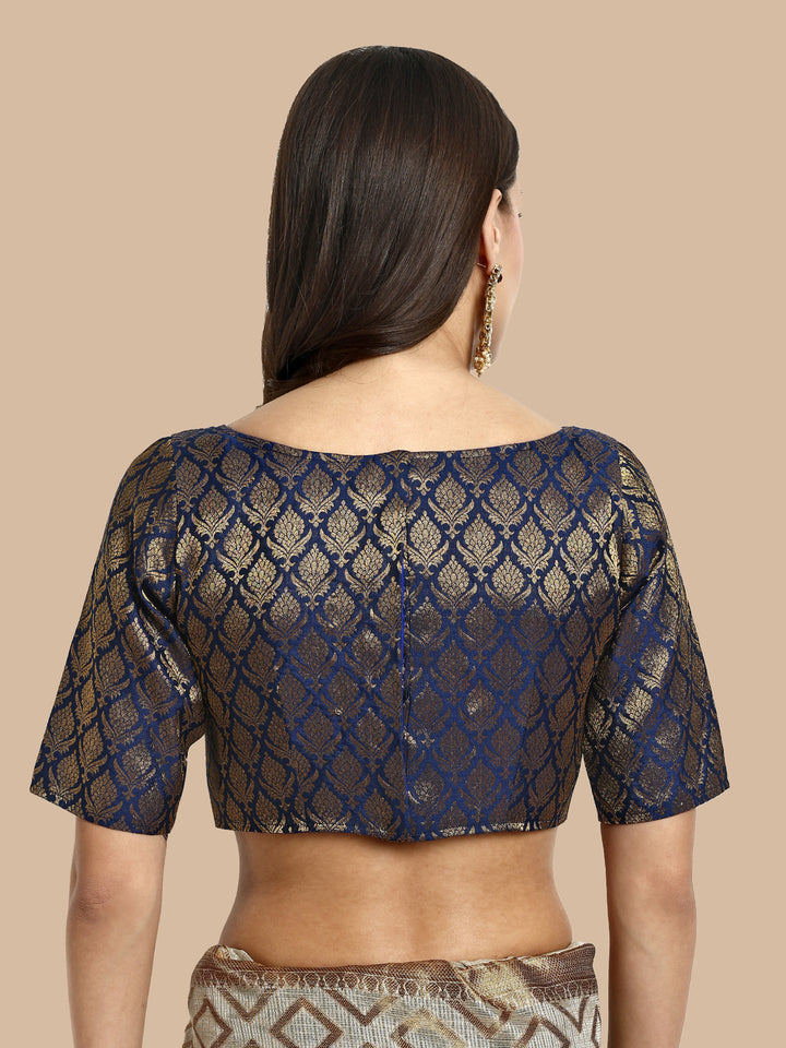 Navy Blue Boat Neck Brocade Blouse