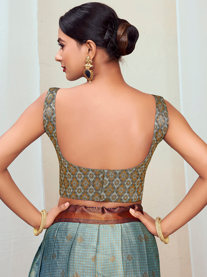 Black Round Neck Sleeveless Padded Blouse with Gold Zari