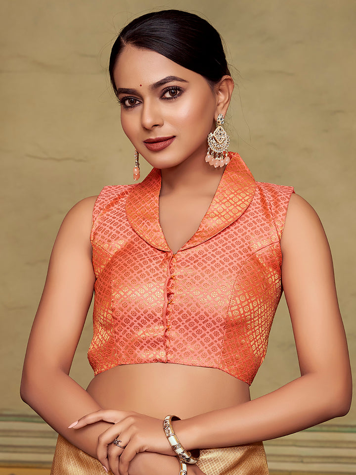 Peach Collar Neck Sleeveless Padded Blouse with Gold Zari