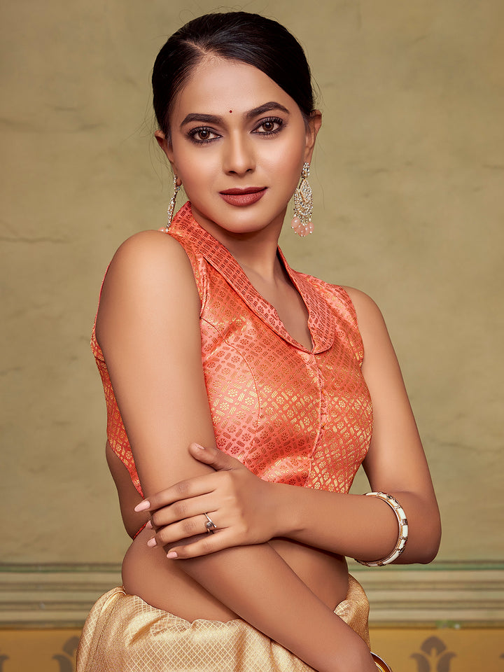 Peach Collar Neck Sleeveless Padded Blouse with Gold Zari