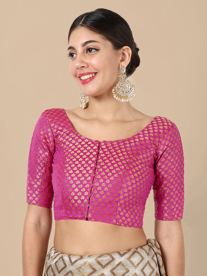 Hot Pink Round Neck Brocade Blouse
